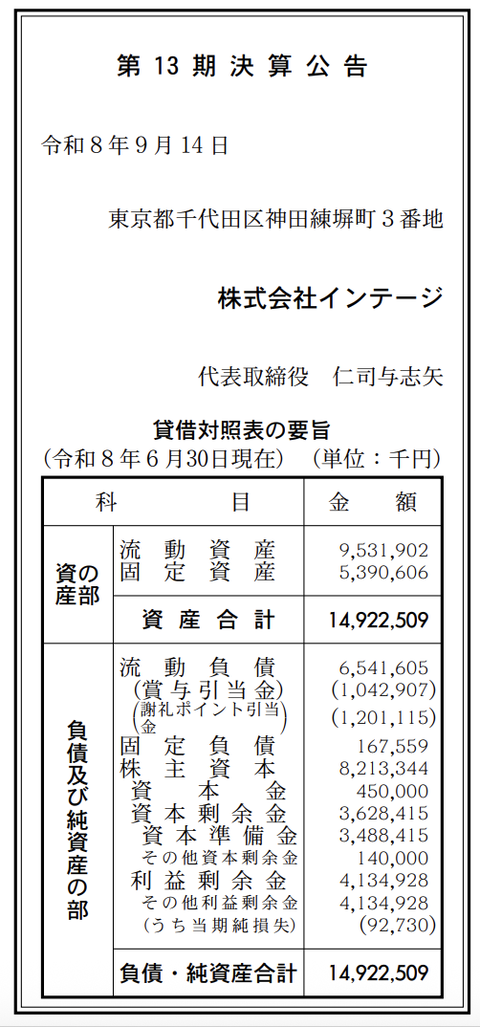 インテージ 決算公告（第13期）