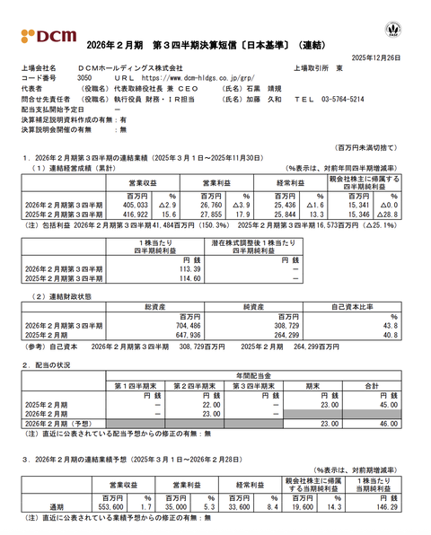 DCMホールディングス 2026年2月期第3四半期決算