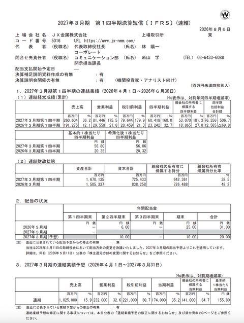 JX金属 2027年3月期第1四半期決算