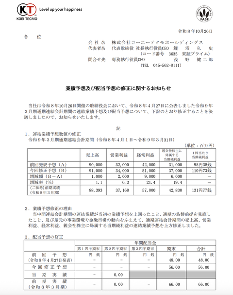コーエーテクモHD 2027年3月期通期決算予想を上方修正