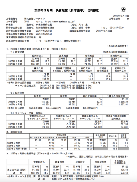 ワークマン 2026年3月期通期決算