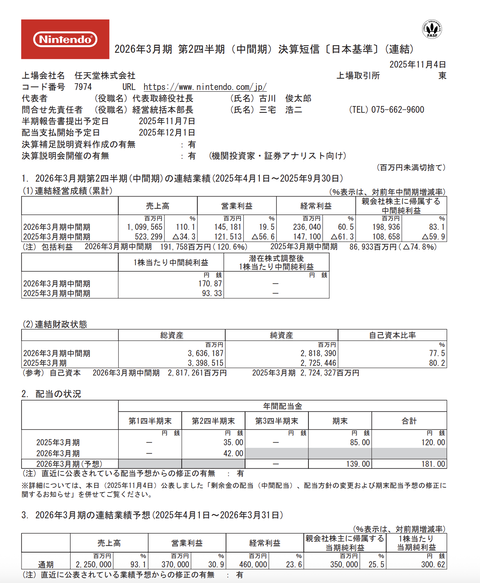 任天堂 2026年3月期第2四半期決算