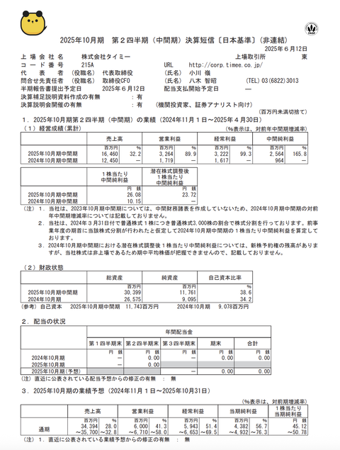タイミー 2025年10月期第2四半期決算