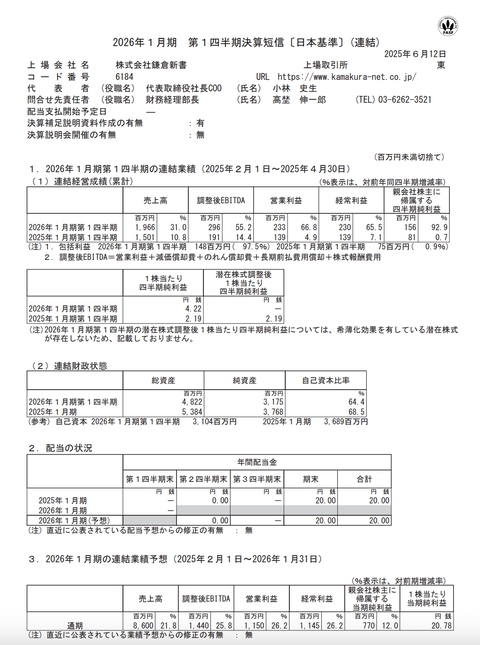 鎌倉新書 2026年1月期第1四半期決算