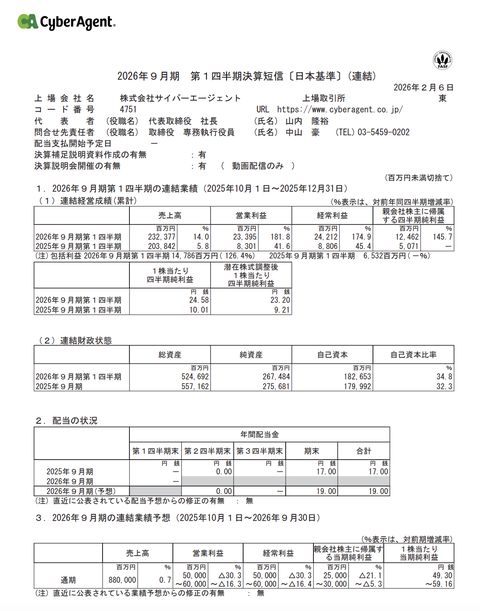 サイバーエージェント 2026年9月期第1四半期決算