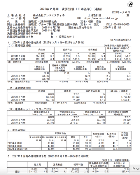 アンドエスティHD 2026年2月期通期決算
