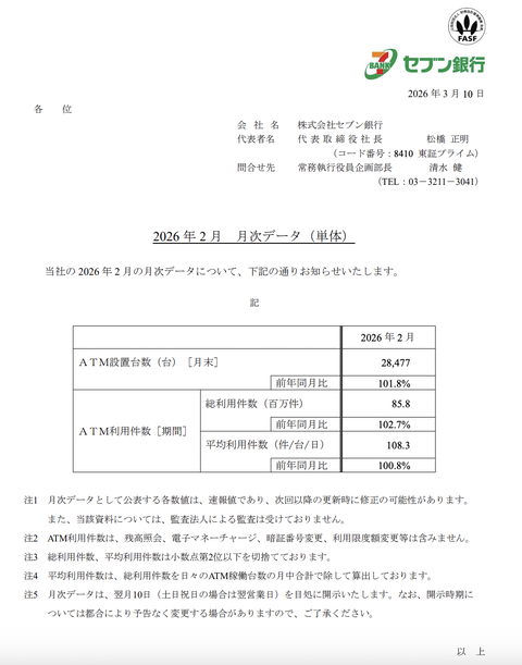 セブン銀行 2026年2月度月次成績