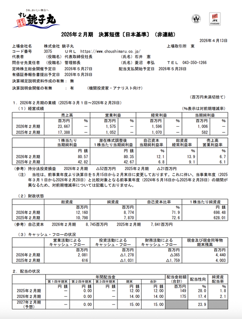 銚子丸 2026年2月期通期決算
