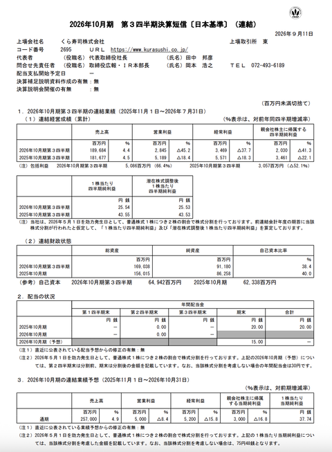 くら寿司 2026年10月期3Q決算