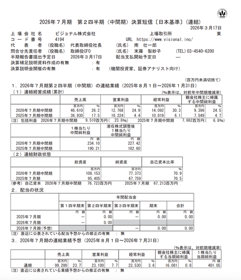 ビジョナル 2026年7月期第2四半期決算