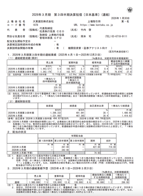 大東建託 2026年3月期第3四半期決算