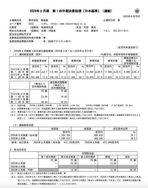 髙島屋 2026年2月期第1四半期決算