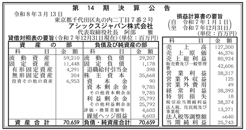 アシックスジャパン 決算公告（第14期）