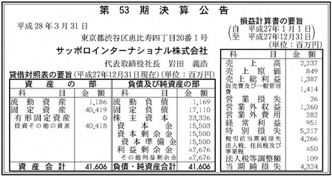 サッポロインターナショナル決算ん
