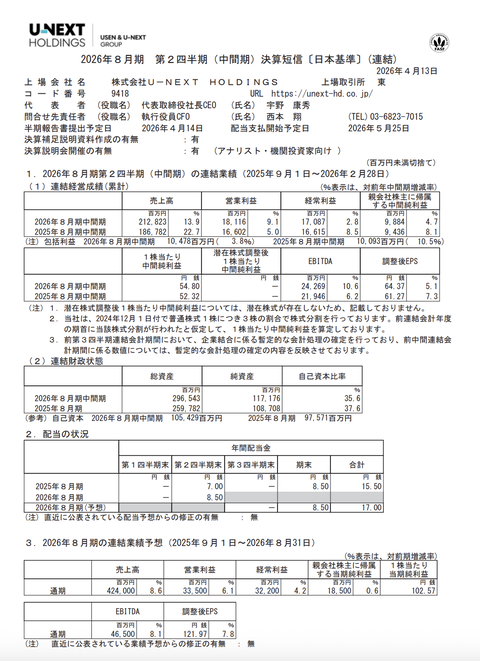 U-NEXT HOLDINGS 2026年8月期第2四半期決算