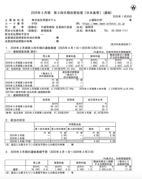 帝国ホテル 2026年3月期第3四半期決算