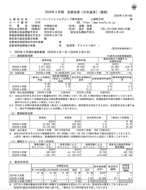 ソニーフィナンシャルグループ 2026年3月期通期決算
