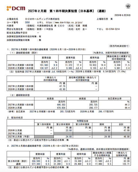 DCMホールディングス 2027年2月期第1四半期決算