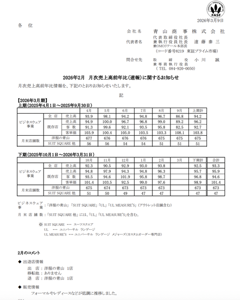 洋服の青山など 青山商事 2026年2月度月次成績