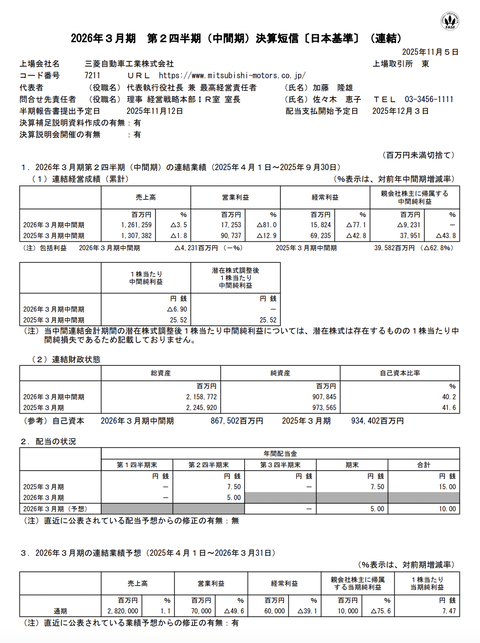 三菱自動車工業 2026年3月期第2四半期決算