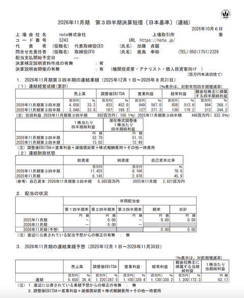 note 2026年11月期第3四半期決算