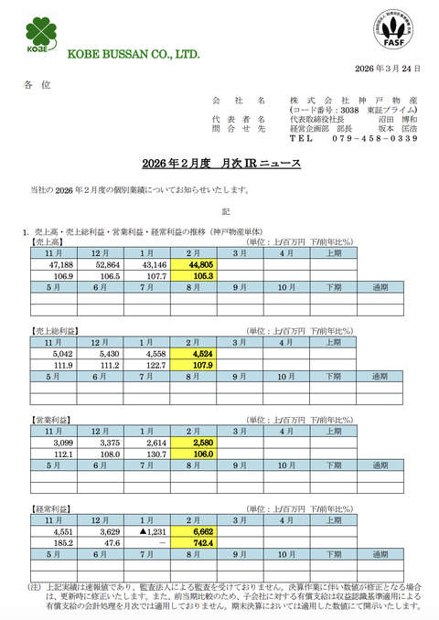 業務スーパーの神戸物産 2026年2月度月次業績