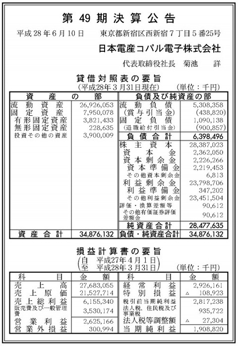 日本電産コパル電子決算