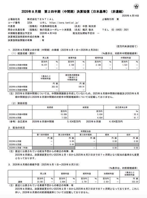 TENTIAL 2026年8月期第2四半期決算