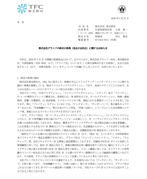 東北新社が株式会社グラニフを買収