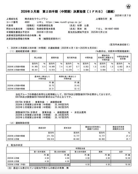 ラウンドワン 2026年3月期第2四半期決算
