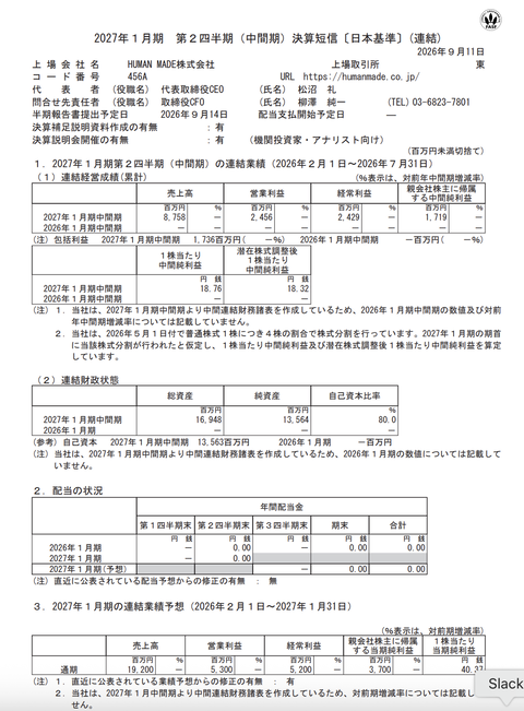 HUMAN MADE 2027年1月期2Q決算