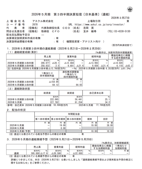 アスクル 2026年5月期第3四半期決算