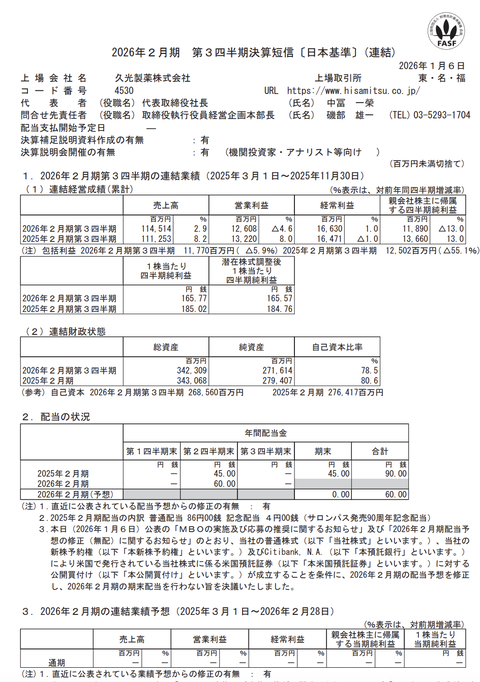 久光製薬 2026年2月期第3四半期決算