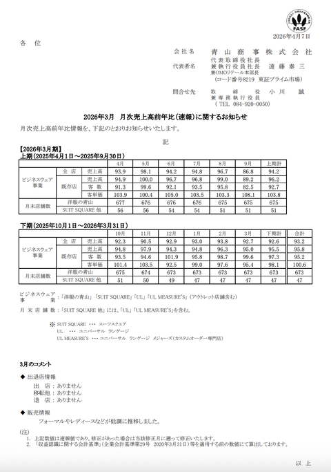 洋服の青山など 青山商事 2026年3月度月次成績