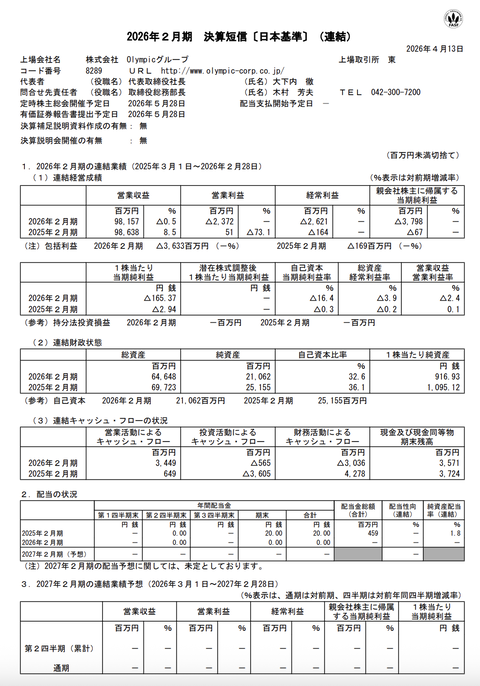 Olympicグループ 2026年2月期通期決算