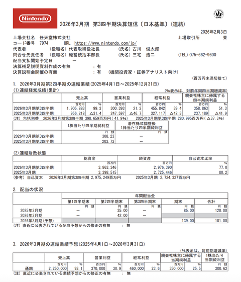 任天堂 2026年3月期第3四半期決算