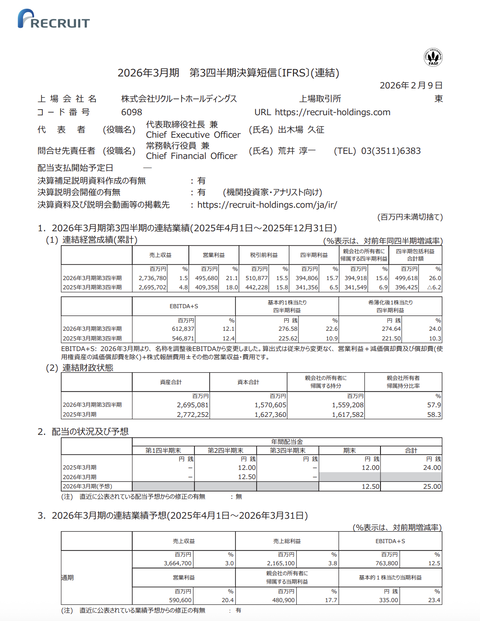 リクルートHD 2026年3月期第3四半期決算