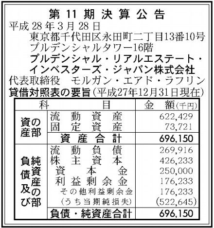 プルデンシャル・リアルエステート・インベスターズ・ジャパン決算