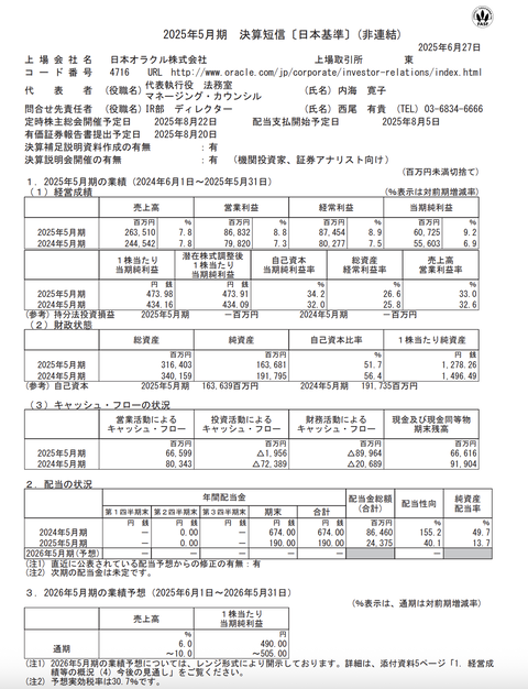日本オラクル 2025年5月期通期決算
