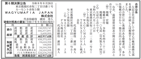 WAGYUMAFIA JAPAN 決算公告（第6期）