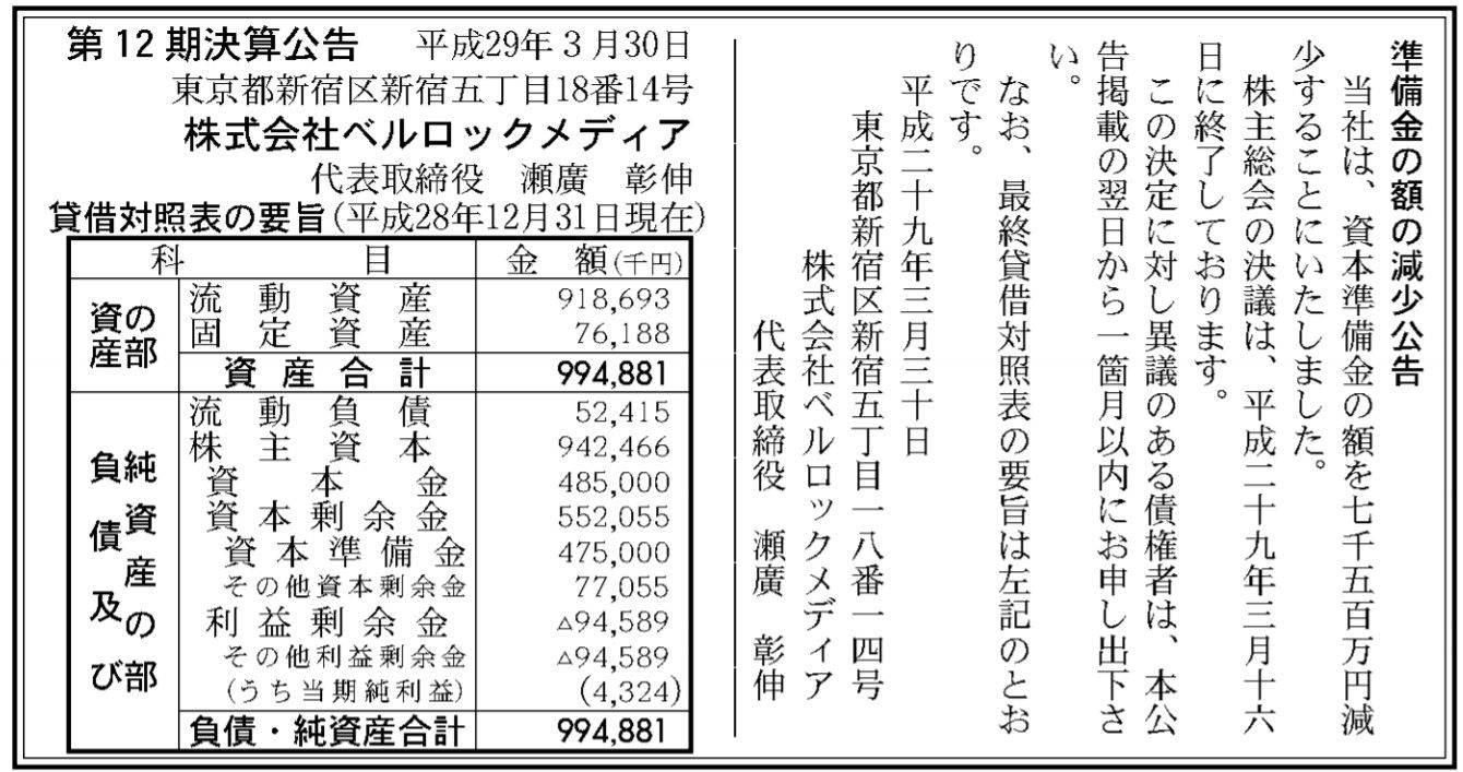 吉本興業のグループ会社 ベルロックメディア 決算公告 第12期 減資 官報ブログ 吉本興業のグループ会社 ベルロックメディア 決算公告 第12期 減資 官報ブログ