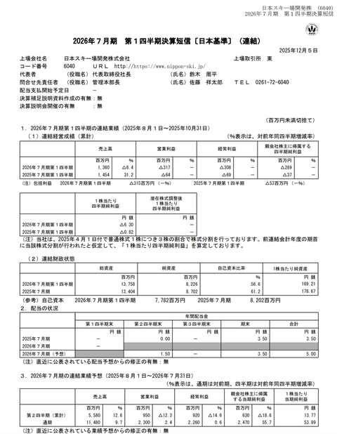 日本スキー場開発 2026年7月期第1四半期決算