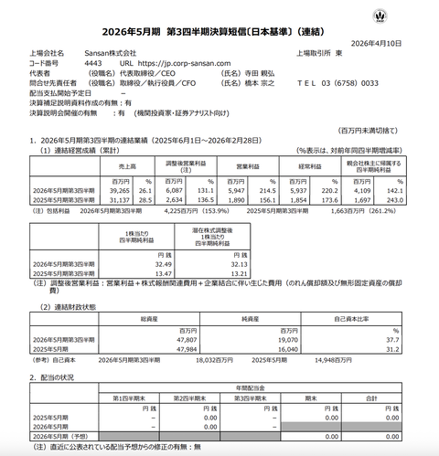 Sansan 2026年5月期第3四半期決算