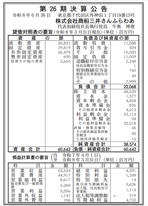 商船三井さんふらわあ 決算公告（第26期）