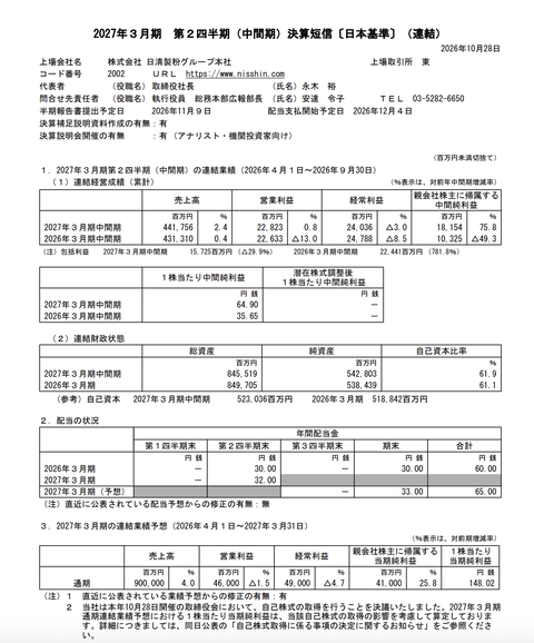 日清製粉グループ本社 2027年3月期第2四半期決算