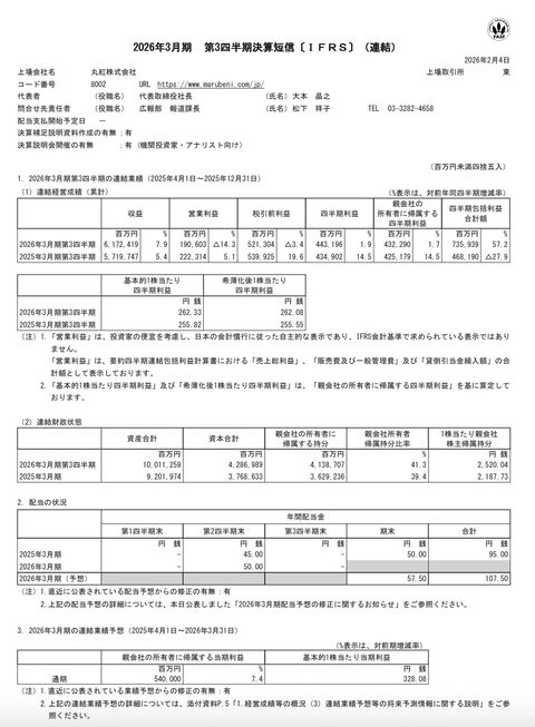 丸紅 2026年3月期第3四半期決算