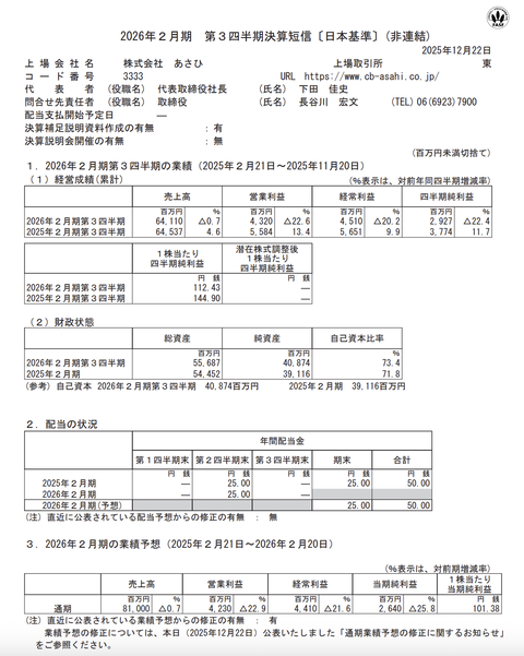 あさひ 2026年2月期第3四半期決算