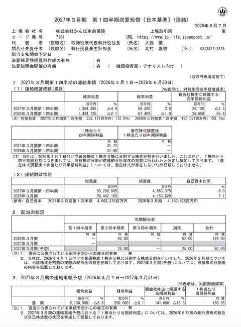 かんぽ生命保険 2027年3月期第1四半期決算