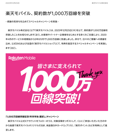 楽天モバイルの契約数が1,000万回線を突破　本格開始から5年8カ月で