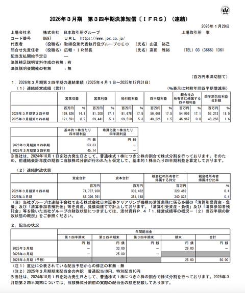 日本取引所グループ 2026年3月期第3四半期決算